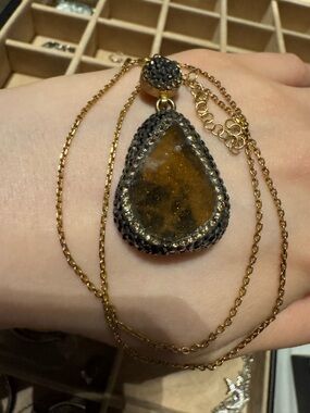 Gold plated sterling silver druzyTeardrop Brown Stone Pendant Necklace